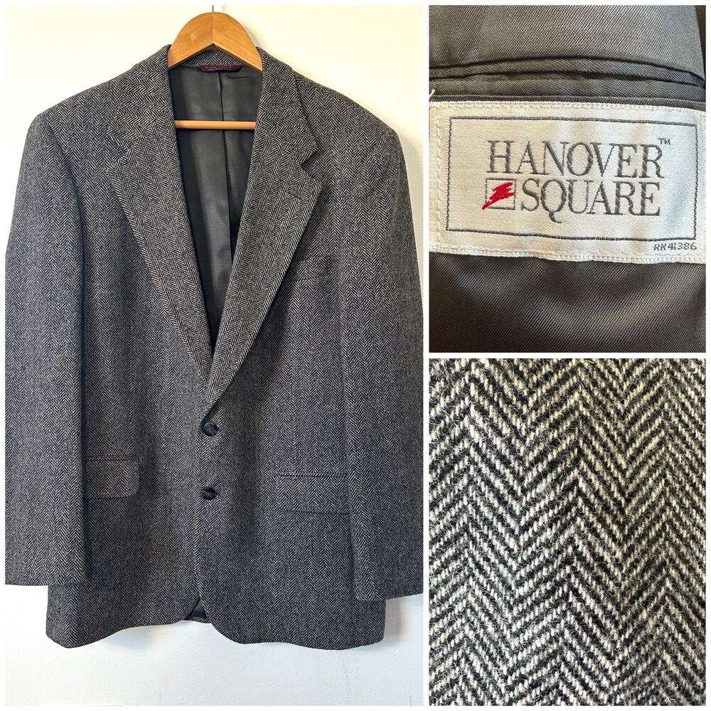 VTG 90s Herringbone Blazer Hanover Square 46R Classic Preppy Made‎ in USA